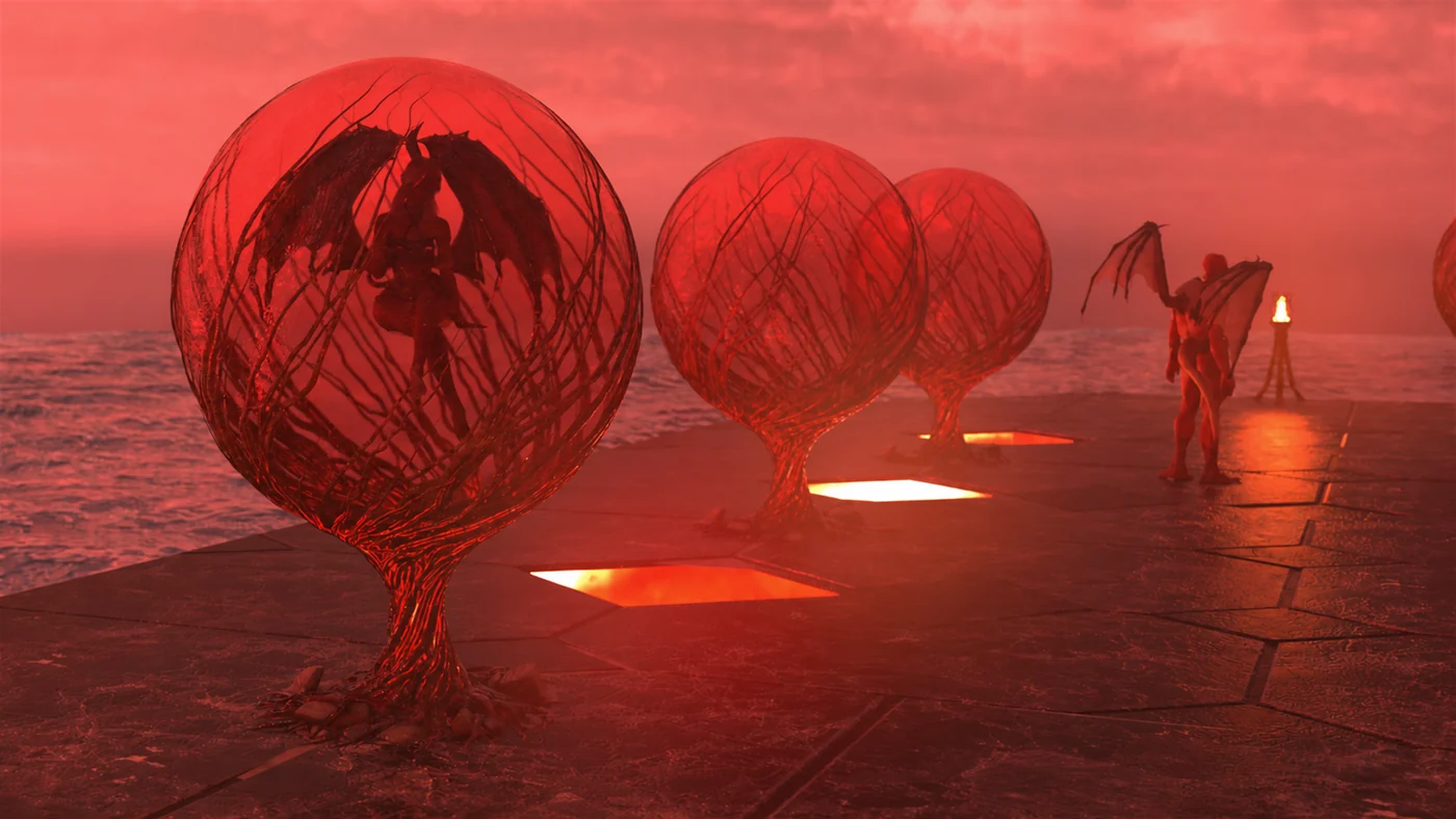 The succubi chamber, with winged thrones suspended above a glowing red realm