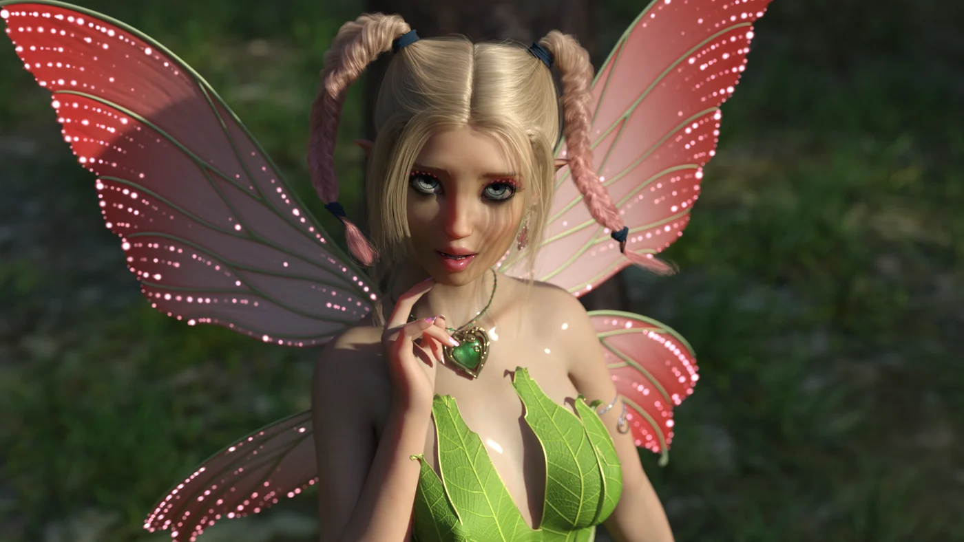 Meadow with luminous pink fairy wings in an enchanted forest