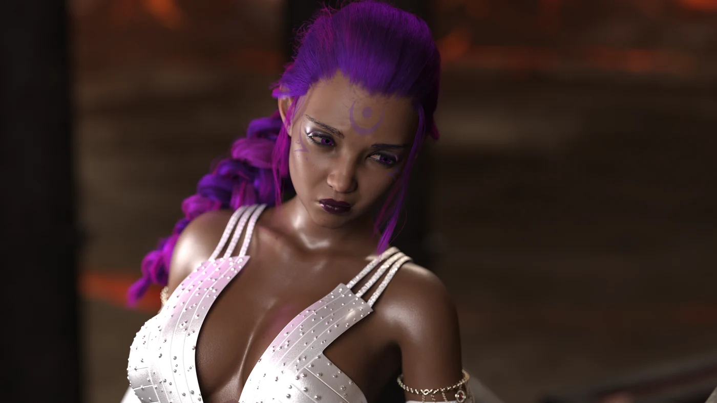 Rhenarya, a purple-haired priestess wearing white in the temple